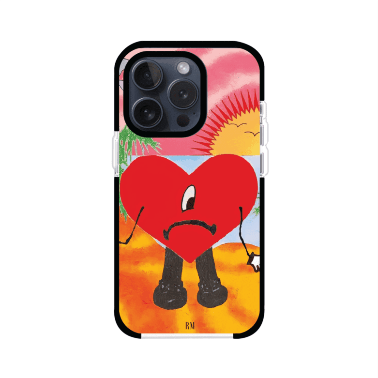 Funda para iPhone inspirada en el álbum "Un Verano Sin Ti" de Bad Bunny. Diseño con fondo de playa, palmeras, atardecer, delfines y el icónico corazón triste con piernas. Estilo colorido, urbano y veraniego. Producto de Remark Mx
