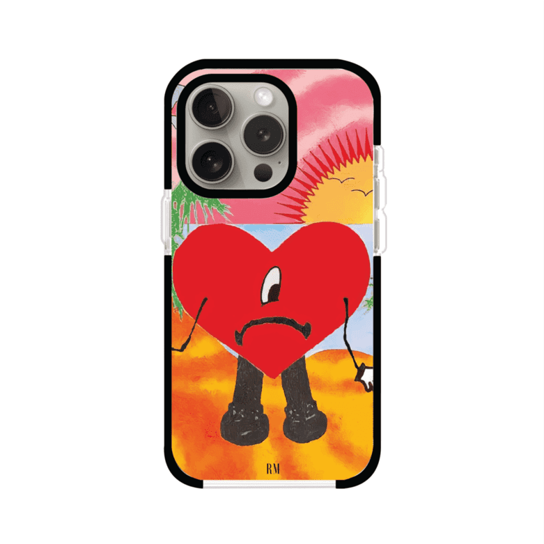 Funda para iPhone inspirada en el álbum "Un Verano Sin Ti" de Bad Bunny. Diseño con fondo de playa, palmeras, atardecer, delfines y el icónico corazón triste con piernas. Estilo colorido, urbano y veraniego. Producto de Remark Mx