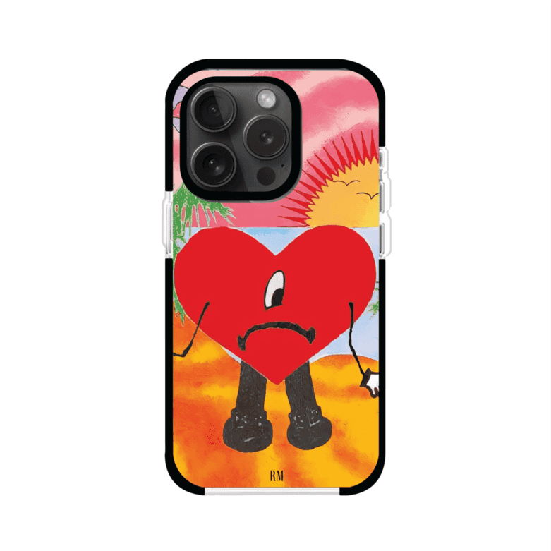 Funda para iPhone inspirada en el álbum "Un Verano Sin Ti" de Bad Bunny. Diseño con fondo de playa, palmeras, atardecer, delfines y el icónico corazón triste con piernas. Estilo colorido, urbano y veraniego. Producto de Remark Mx