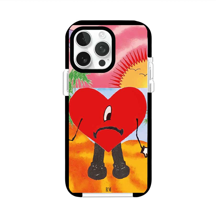 Funda para iPhone inspirada en el álbum "Un Verano Sin Ti" de Bad Bunny. Diseño con fondo de playa, palmeras, atardecer, delfines y el icónico corazón triste con piernas. Estilo colorido, urbano y veraniego. Producto de Remark Mx