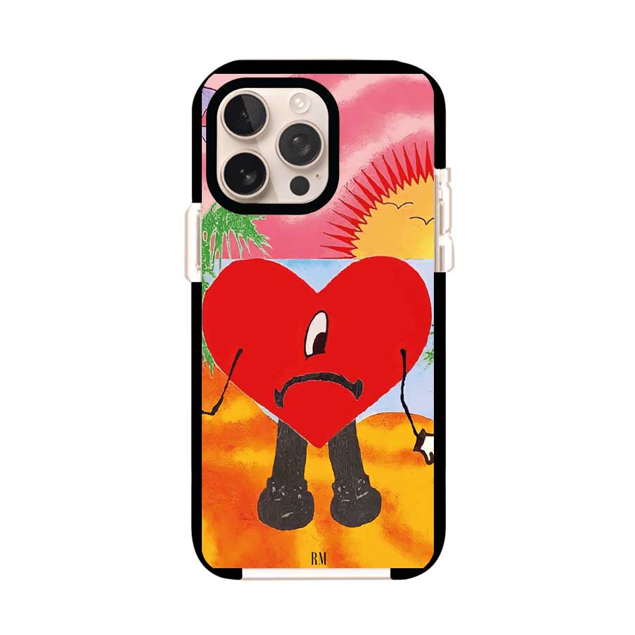 Funda para iPhone inspirada en el álbum "Un Verano Sin Ti" de Bad Bunny. Diseño con fondo de playa, palmeras, atardecer, delfines y el icónico corazón triste con piernas. Estilo colorido, urbano y veraniego. Producto de Remark Mx