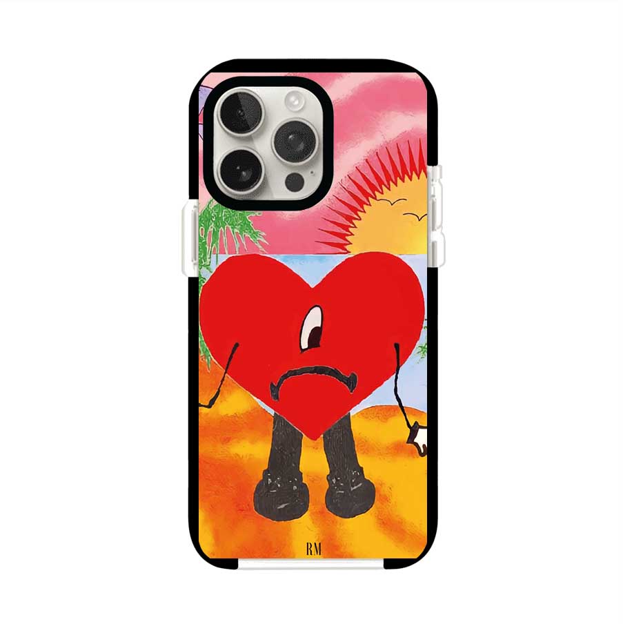 Funda para iPhone inspirada en el álbum "Un Verano Sin Ti" de Bad Bunny. Diseño con fondo de playa, palmeras, atardecer, delfines y el icónico corazón triste con piernas. Estilo colorido, urbano y veraniego. Producto de Remark Mx
