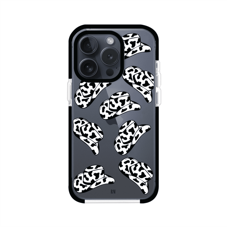Funda para iPhone con diseño de múltiples sombreros vaqueros en estampado blanco y negro tipo vaca. Estilo western minimalista con vibe country. Producto de Remark Mx.