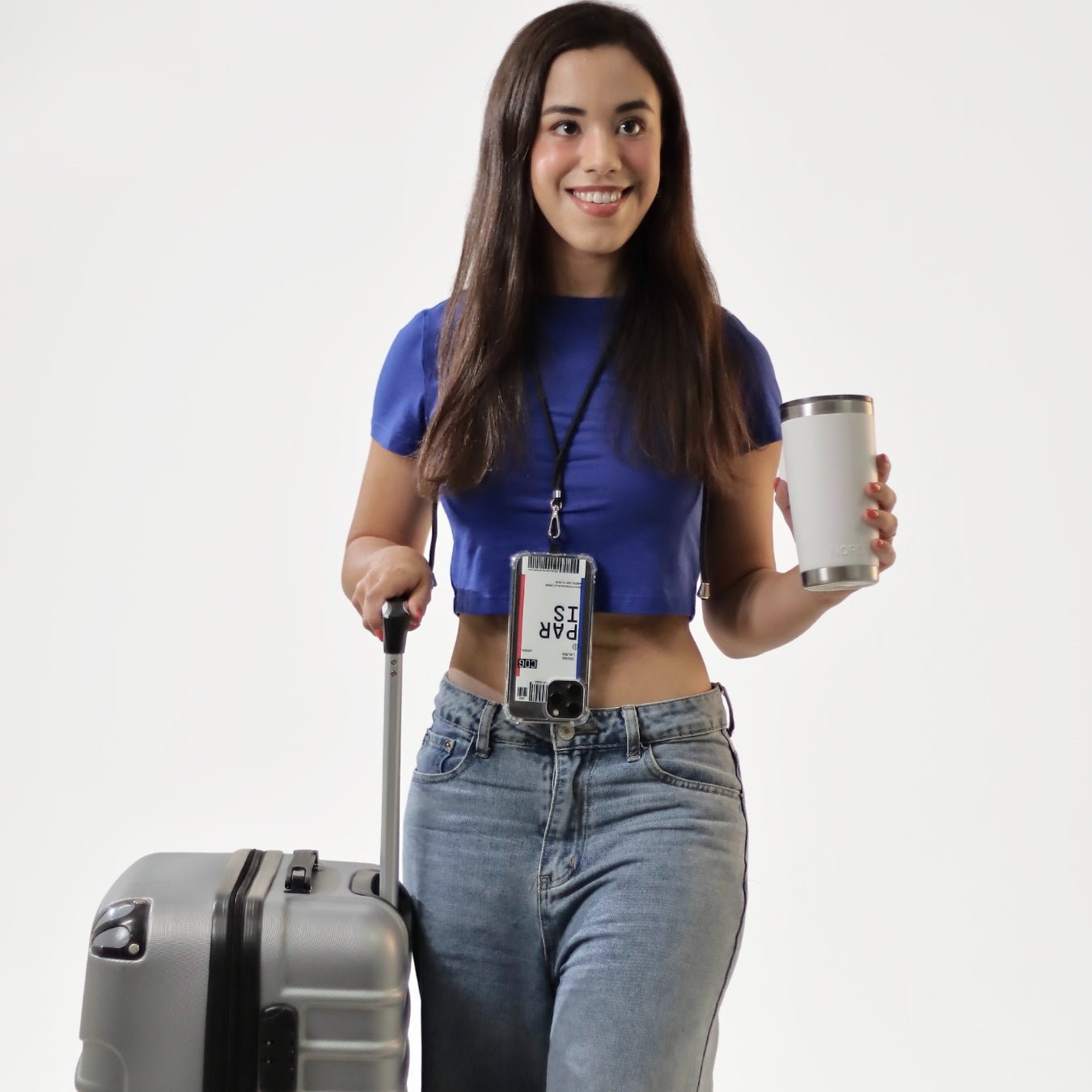 Correa crossbody negra para celular, ajustable y con clips metálicos con modelo, compatible con fundas de Remark MX