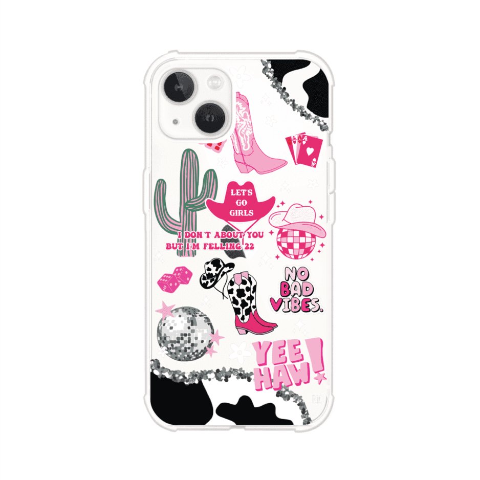 Funda para iPhone con diseño de temática vaquera en tonos rosa y negro, incluye botas, sombrero, cactus, disco ball y frases como "Let’s go girls" y "Yee Haw!". Estilo girly y divertido. Producto de Remark Mx