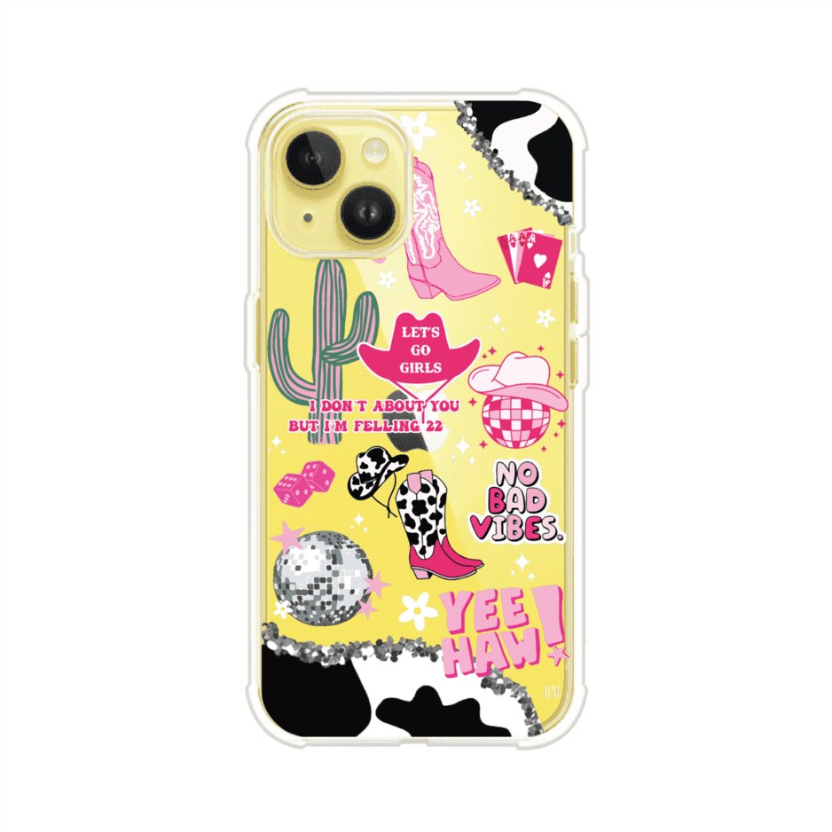 Funda para iPhone con diseño de temática vaquera en tonos rosa y negro, incluye botas, sombrero, cactus, disco ball y frases como "Let’s go girls" y "Yee Haw!". Estilo girly y divertido. Producto de Remark Mx