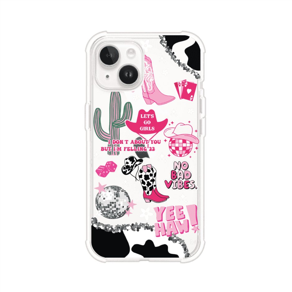 Funda para iPhone con diseño de temática vaquera en tonos rosa y negro, incluye botas, sombrero, cactus, disco ball y frases como "Let’s go girls" y "Yee Haw!". Estilo girly y divertido. Producto de Remark Mx - Remark Mx