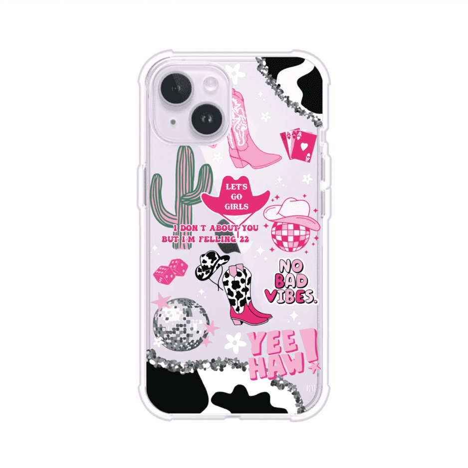 Funda para iPhone con diseño de temática vaquera en tonos rosa y negro, incluye botas, sombrero, cactus, disco ball y frases como "Let’s go girls" y "Yee Haw!". Estilo girly y divertido. Producto de Remark Mx
