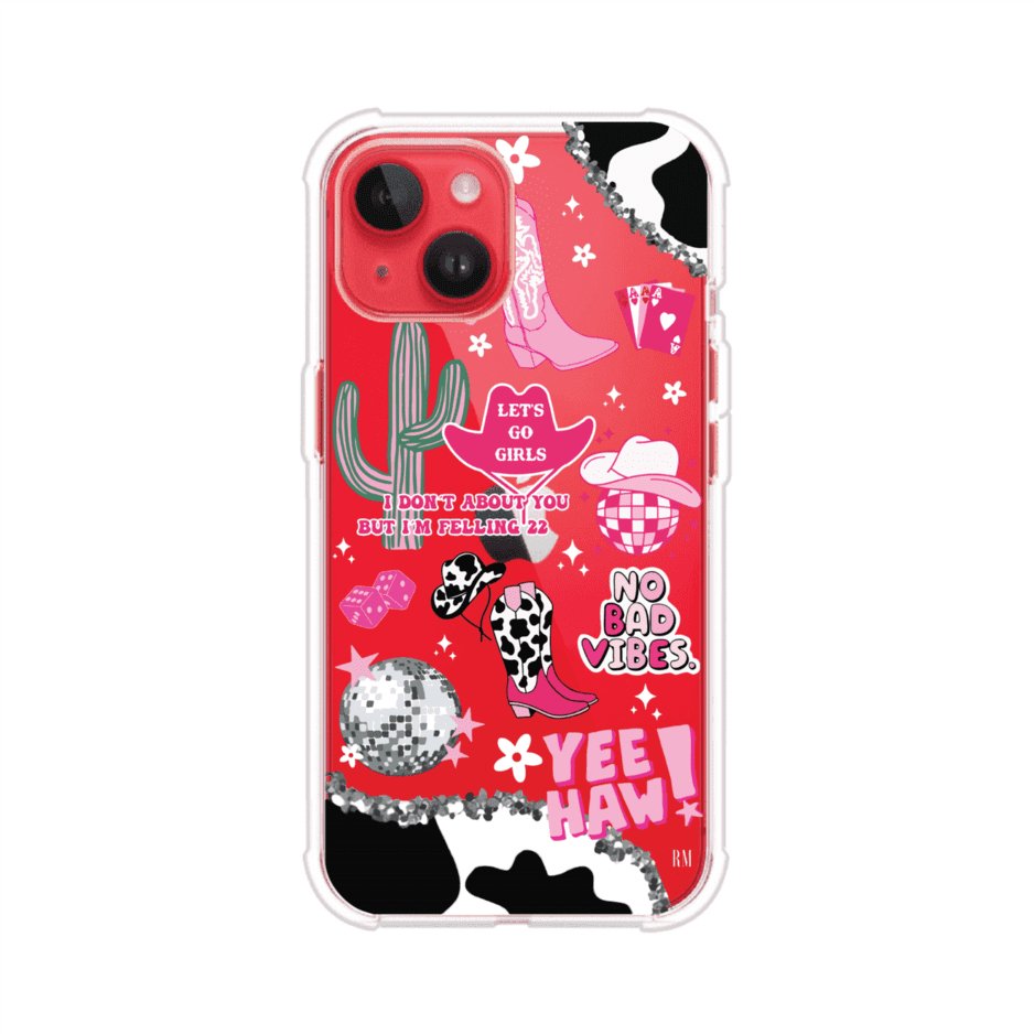 Funda para iPhone con diseño de temática vaquera en tonos rosa y negro, incluye botas, sombrero, cactus, disco ball y frases como "Let’s go girls" y "Yee Haw!". Estilo girly y divertido. Producto de Remark Mx