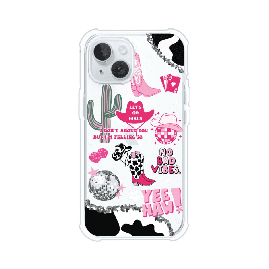 Funda para iPhone con diseño de temática vaquera en tonos rosa y negro, incluye botas, sombrero, cactus, disco ball y frases como "Let’s go girls" y "Yee Haw!". Estilo girly y divertido. Producto de Remark Mx