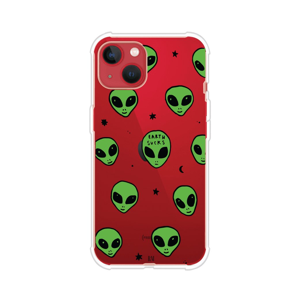 Funda para iPhone con diseño de alienígenas verdes y frase "Earth Sucks", fondo negro con detalles espaciales. Estilo divertido y rebelde. Producto de Remark MX