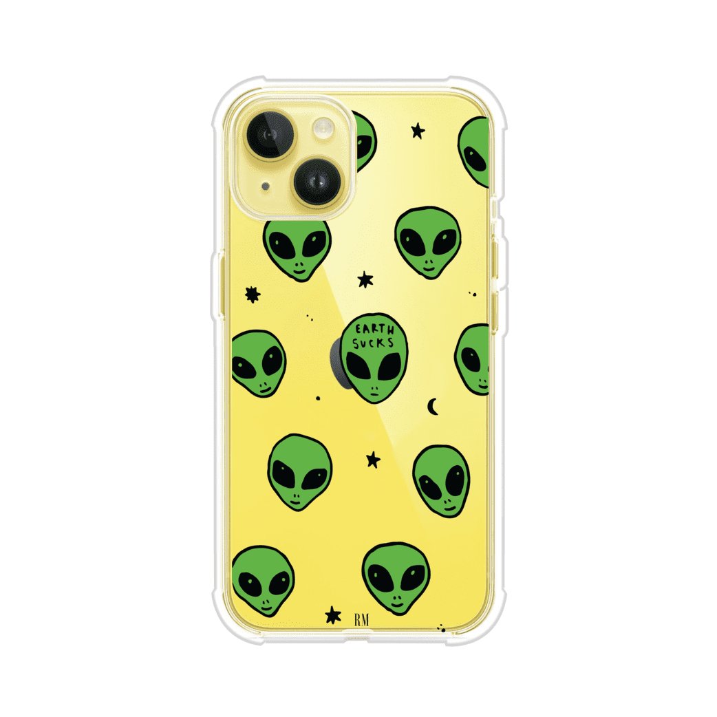 Funda para iPhone con diseño de alienígenas verdes y frase "Earth Sucks", fondo negro con detalles espaciales. Estilo divertido y rebelde. Producto de Remark MX