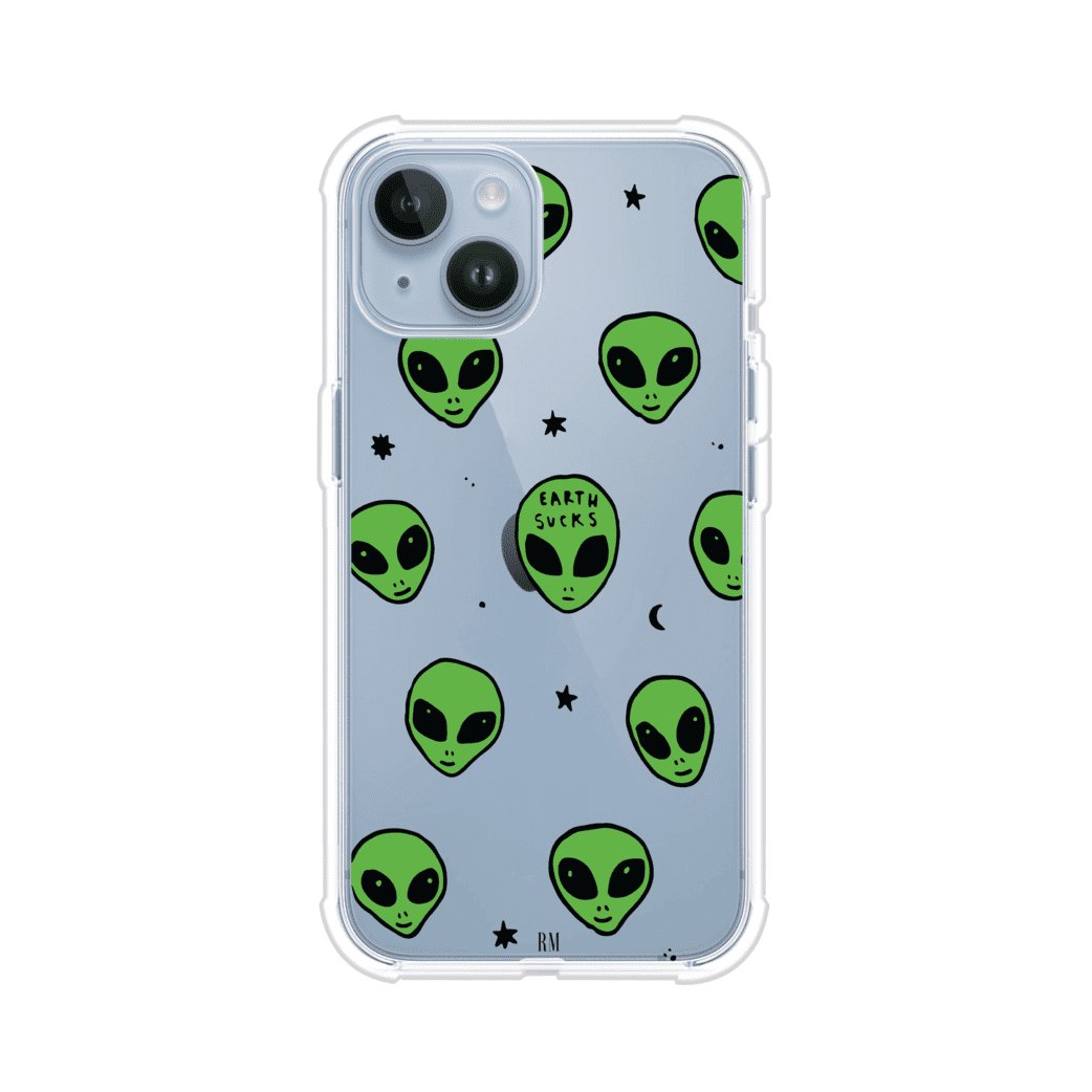 Funda para iPhone con diseño de alienígenas verdes y frase "Earth Sucks", fondo negro con detalles espaciales. Estilo divertido y rebelde. Producto de Remark MX