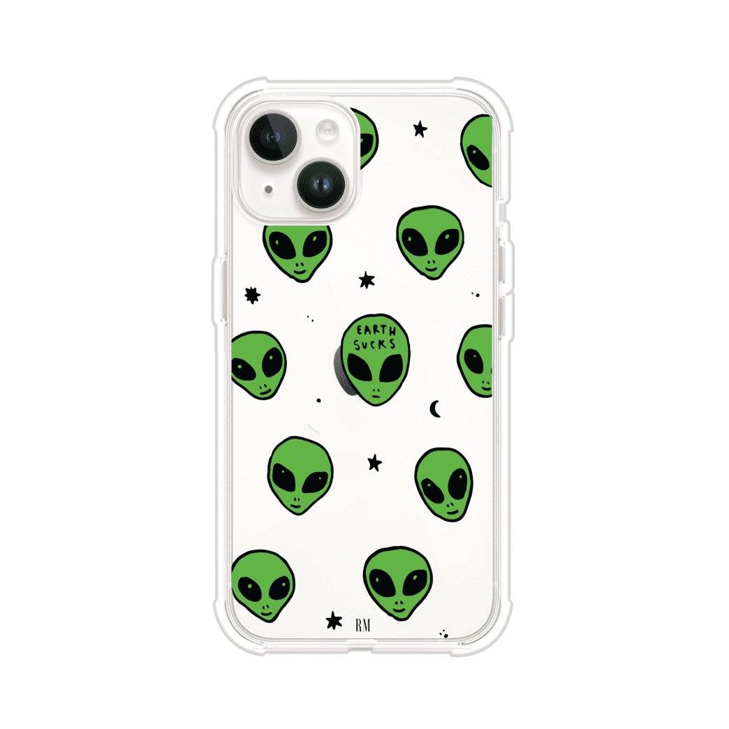 Funda para iPhone con diseño de alienígenas verdes y frase "Earth Sucks", fondo negro con detalles espaciales. Estilo divertido y rebelde. Producto de Remark MX