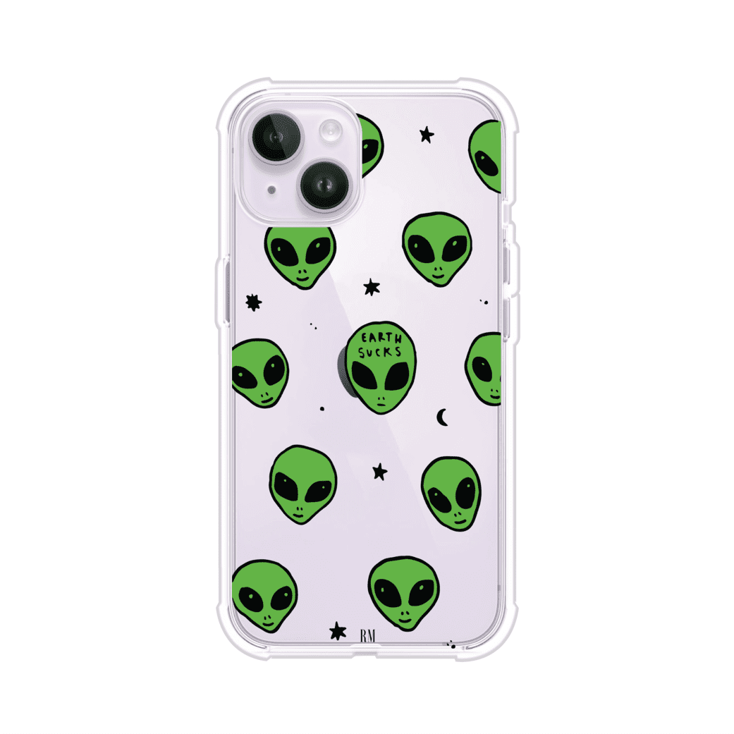 Funda para iPhone con diseño de alienígenas verdes y frase "Earth Sucks", fondo negro con detalles espaciales. Estilo divertido y rebelde. Producto de Remark MX