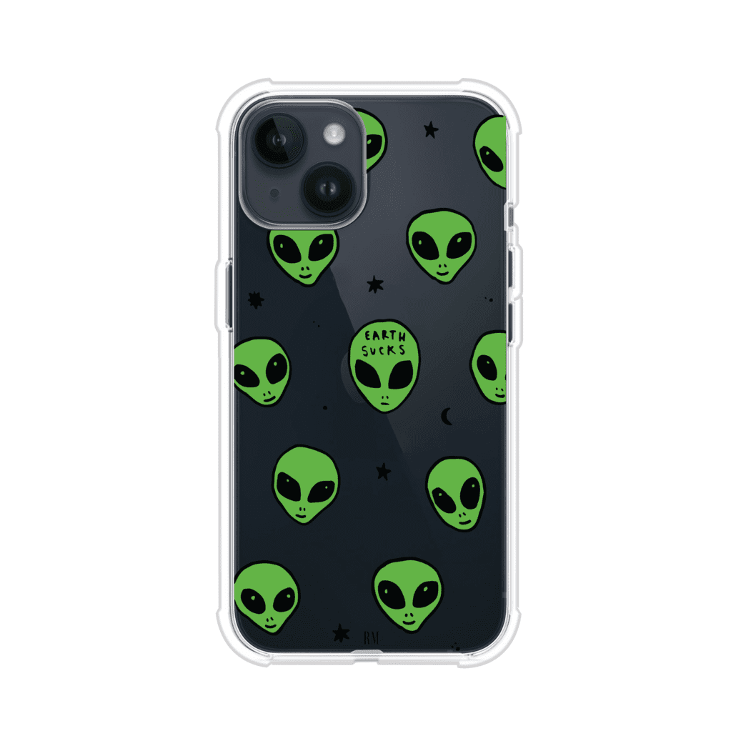 Funda para iPhone con diseño de alienígenas verdes y frase "Earth Sucks", fondo negro con detalles espaciales. Estilo divertido y rebelde. Producto de Remark MX