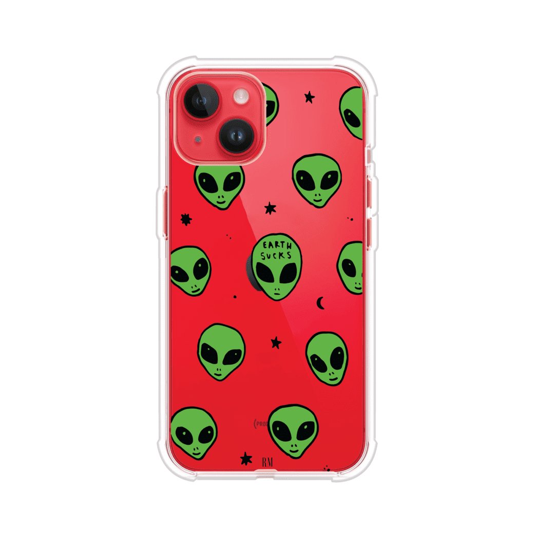 Funda para iPhone con diseño de alienígenas verdes y frase "Earth Sucks", fondo negro con detalles espaciales. Estilo divertido y rebelde. Producto de Remark MX