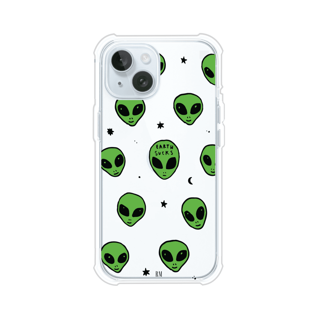 Funda para iPhone con diseño de alienígenas verdes y frase "Earth Sucks", fondo negro con detalles espaciales. Estilo divertido y rebelde. Producto de Remark MX