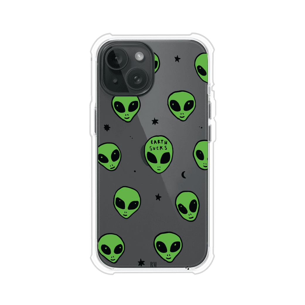 Funda para iPhone con diseño de alienígenas verdes y frase "Earth Sucks", fondo negro con detalles espaciales. Estilo divertido y rebelde. Producto de Remark MX