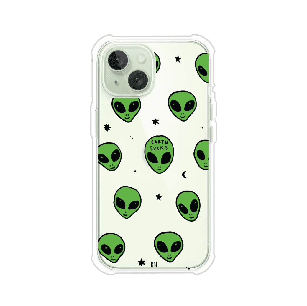 Funda para iPhone con diseño de alienígenas verdes y frase "Earth Sucks", fondo negro con detalles espaciales. Estilo divertido y rebelde. Producto de Remark MX