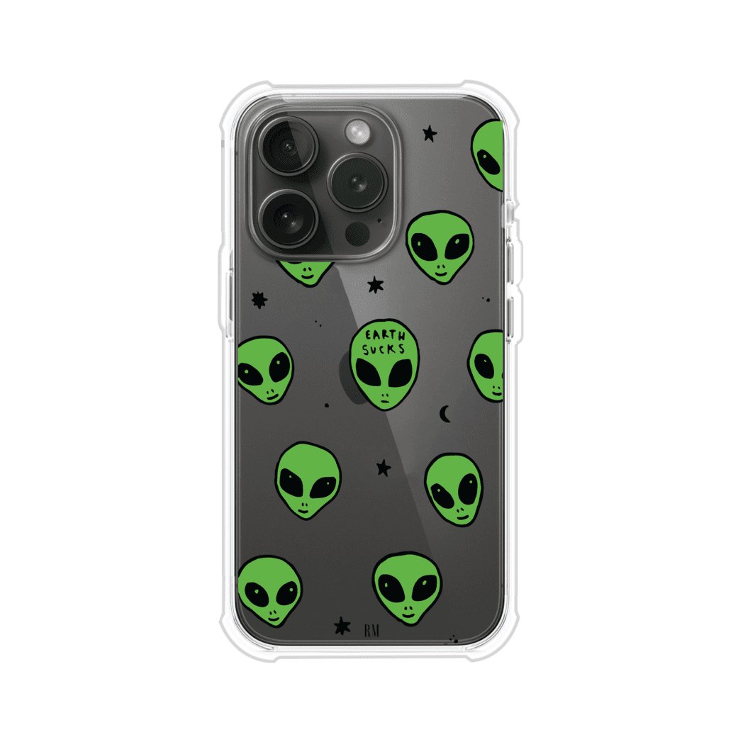 Funda para iPhone con diseño de alienígenas verdes y frase "Earth Sucks", fondo negro con detalles espaciales. Estilo divertido y rebelde. Producto de Remark MX