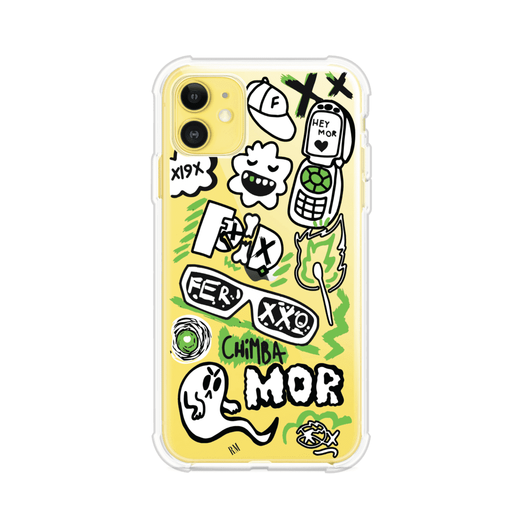Funda para iPhone con diseño inspirado en FERXXO. Incluye stickers con frases como “CHIMBA MOR”, íconos urbanos y colores verde neón y negro. Estilo reggaetonero y atrevido, ideal para fans de Feid. Producto de Remark Mx