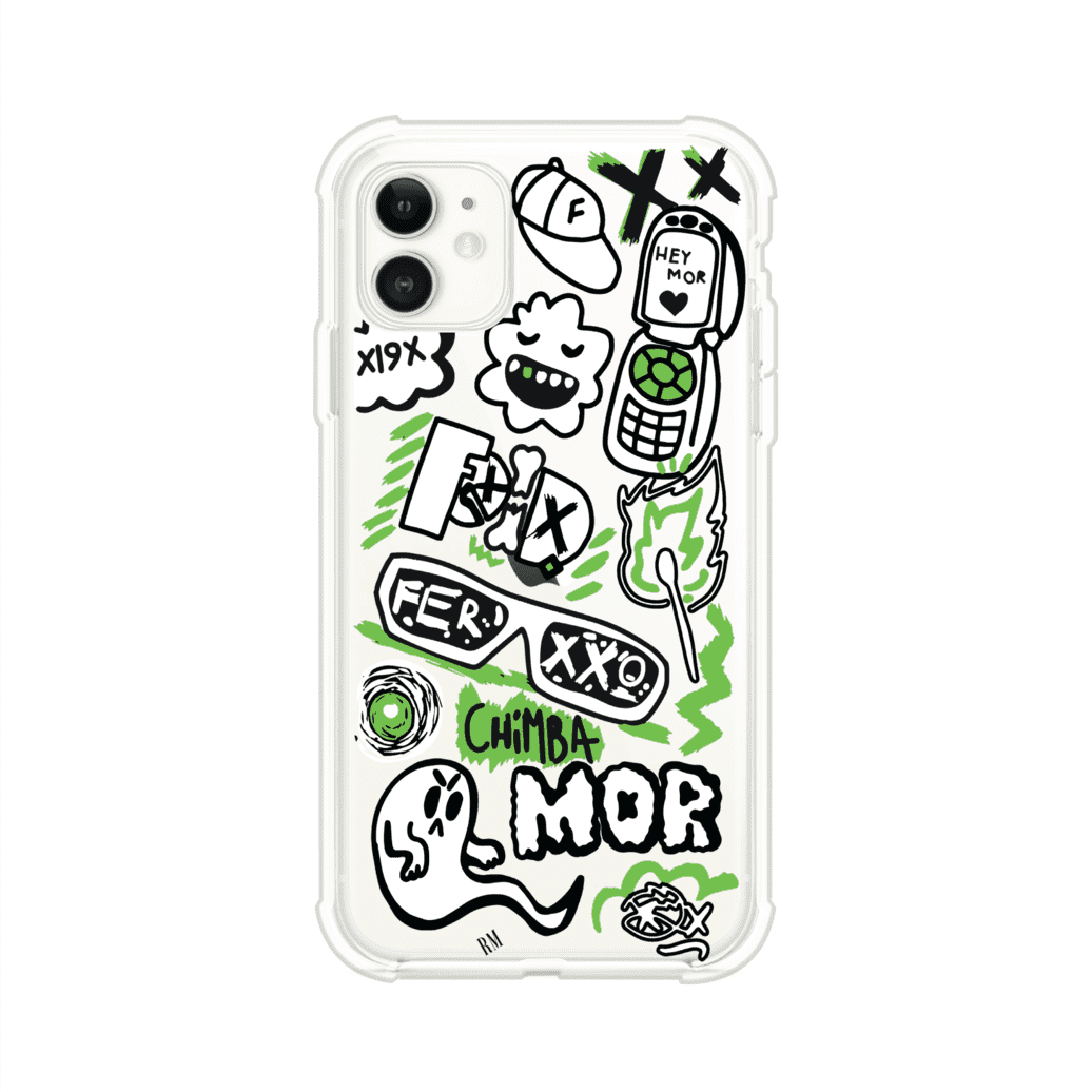 Funda para iPhone con diseño inspirado en FERXXO. Incluye stickers con frases como “CHIMBA MOR”, íconos urbanos y colores verde neón y negro. Estilo reggaetonero y atrevido, ideal para fans de Feid. Producto de Remark Mx