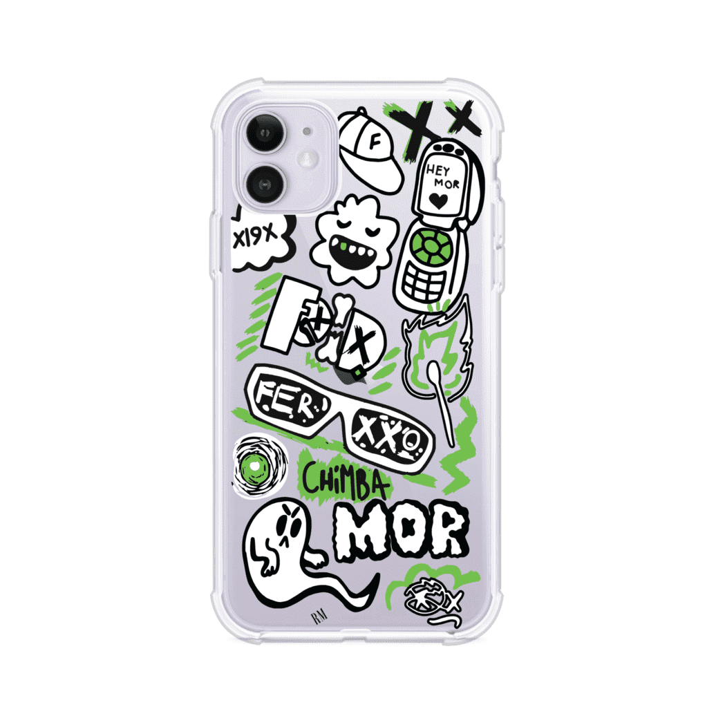 Funda para iPhone con diseño inspirado en FERXXO. Incluye stickers con frases como “CHIMBA MOR”, íconos urbanos y colores verde neón y negro. Estilo reggaetonero y atrevido, ideal para fans de Feid. Producto de Remark Mx