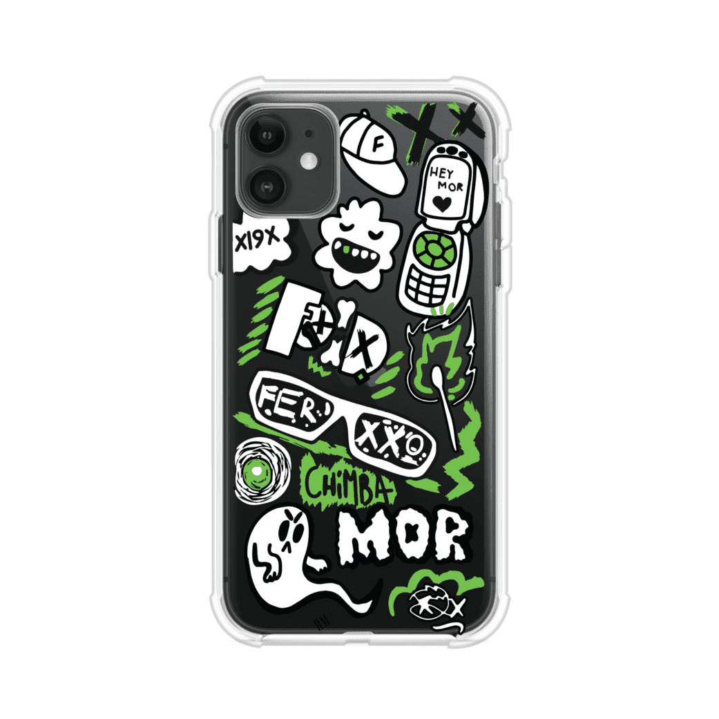 Funda para iPhone con diseño inspirado en FERXXO. Incluye stickers con frases como “CHIMBA MOR”, íconos urbanos y colores verde neón y negro. Estilo reggaetonero y atrevido, ideal para fans de Feid. Producto de Remark Mx