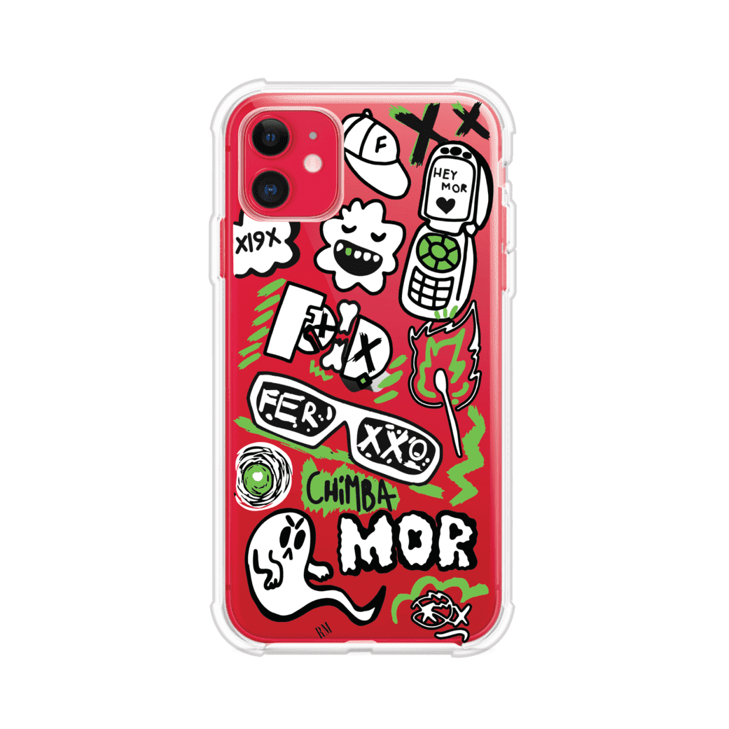 Funda para iPhone con diseño inspirado en FERXXO. Incluye stickers con frases como “CHIMBA MOR”, íconos urbanos y colores verde neón y negro. Estilo reggaetonero y atrevido, ideal para fans de Feid. Producto de Remark Mx