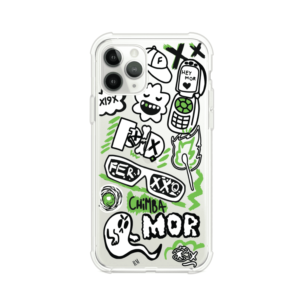 Funda para iPhone con diseño inspirado en FERXXO. Incluye stickers con frases como “CHIMBA MOR”, íconos urbanos y colores verde neón y negro. Estilo reggaetonero y atrevido, ideal para fans de Feid. Producto de Remark Mx