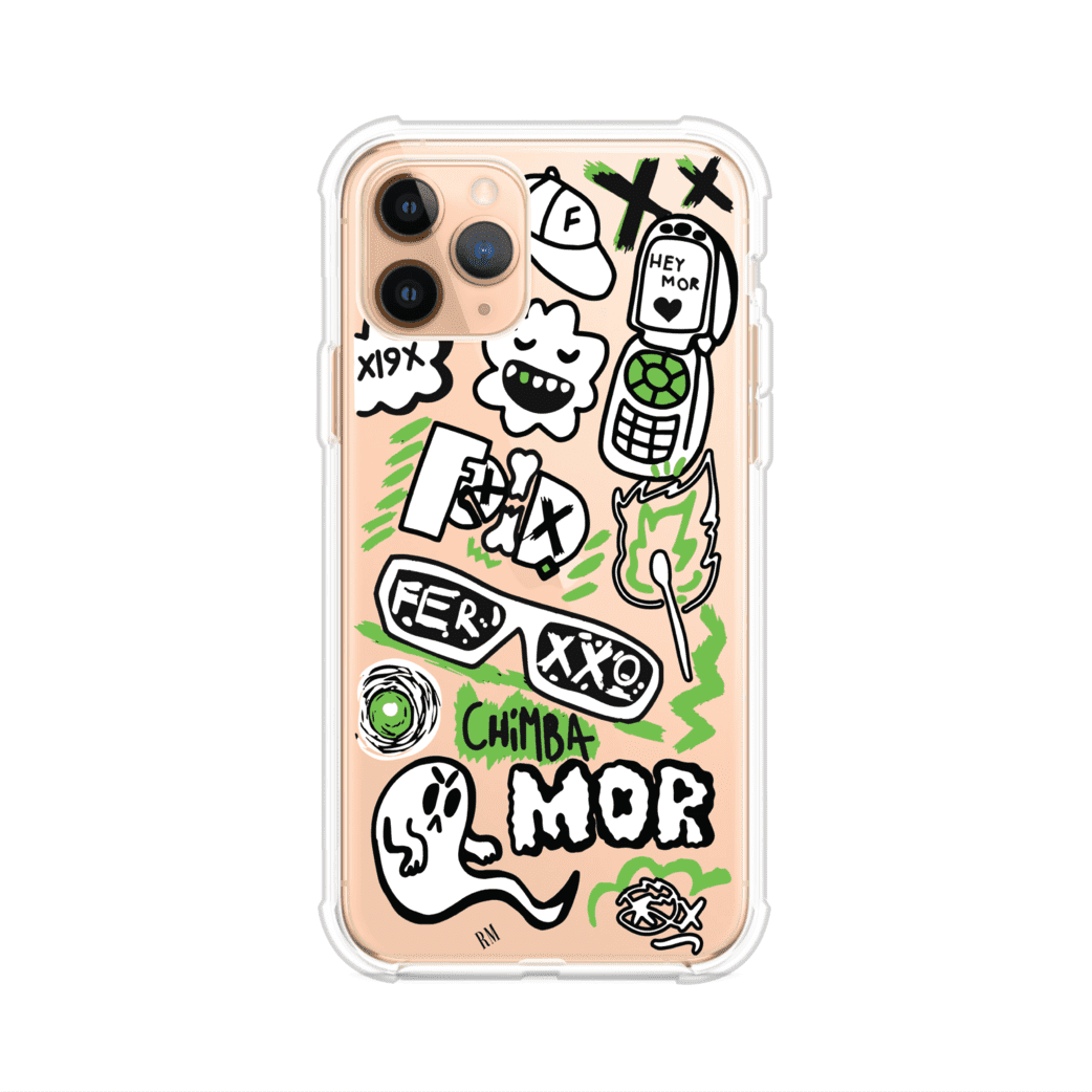 Funda para iPhone con diseño inspirado en FERXXO. Incluye stickers con frases como “CHIMBA MOR”, íconos urbanos y colores verde neón y negro. Estilo reggaetonero y atrevido, ideal para fans de Feid. Producto de Remark Mx