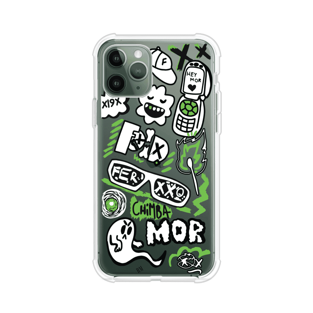 Funda para iPhone con diseño inspirado en FERXXO. Incluye stickers con frases como “CHIMBA MOR”, íconos urbanos y colores verde neón y negro. Estilo reggaetonero y atrevido, ideal para fans de Feid. Producto de Remark Mx