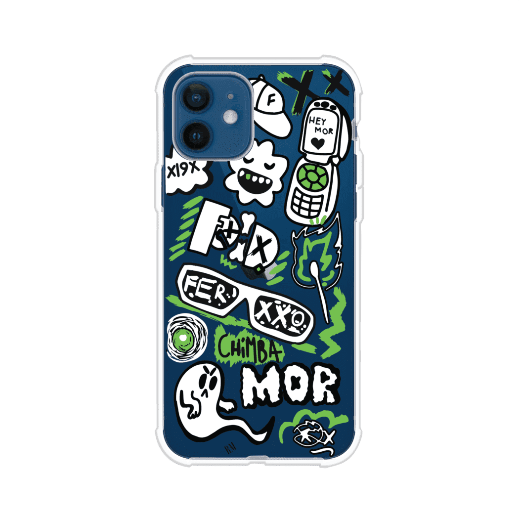 Funda para iPhone con diseño inspirado en FERXXO. Incluye stickers con frases como “CHIMBA MOR”, íconos urbanos y colores verde neón y negro. Estilo reggaetonero y atrevido, ideal para fans de Feid. Producto de Remark Mx