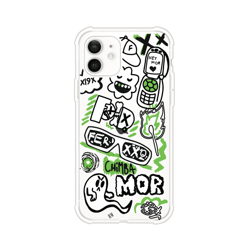 Funda para iPhone con diseño inspirado en FERXXO. Incluye stickers con frases como “CHIMBA MOR”, íconos urbanos y colores verde neón y negro. Estilo reggaetonero y atrevido, ideal para fans de Feid. Producto de Remark Mx