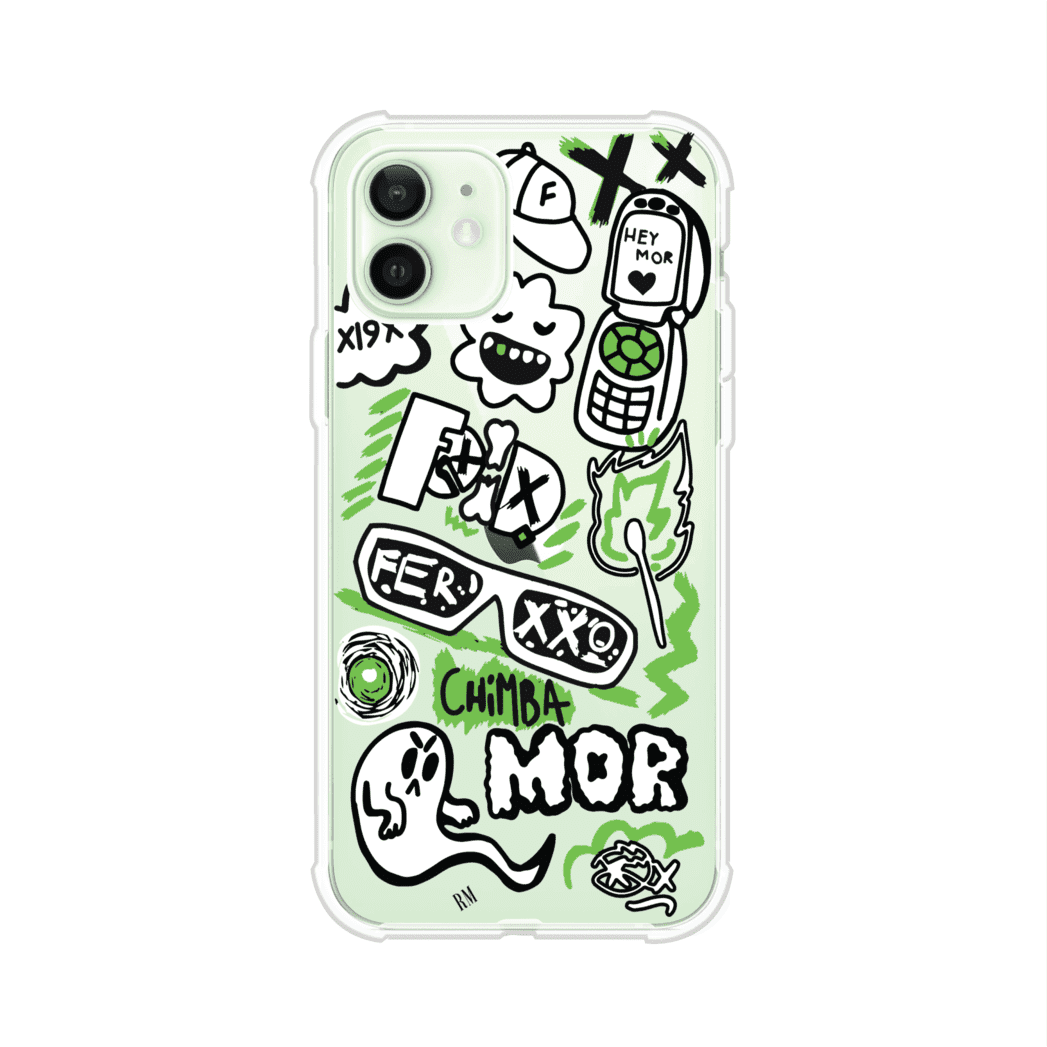 Funda para iPhone con diseño inspirado en FERXXO. Incluye stickers con frases como “CHIMBA MOR”, íconos urbanos y colores verde neón y negro. Estilo reggaetonero y atrevido, ideal para fans de Feid. Producto de Remark Mx