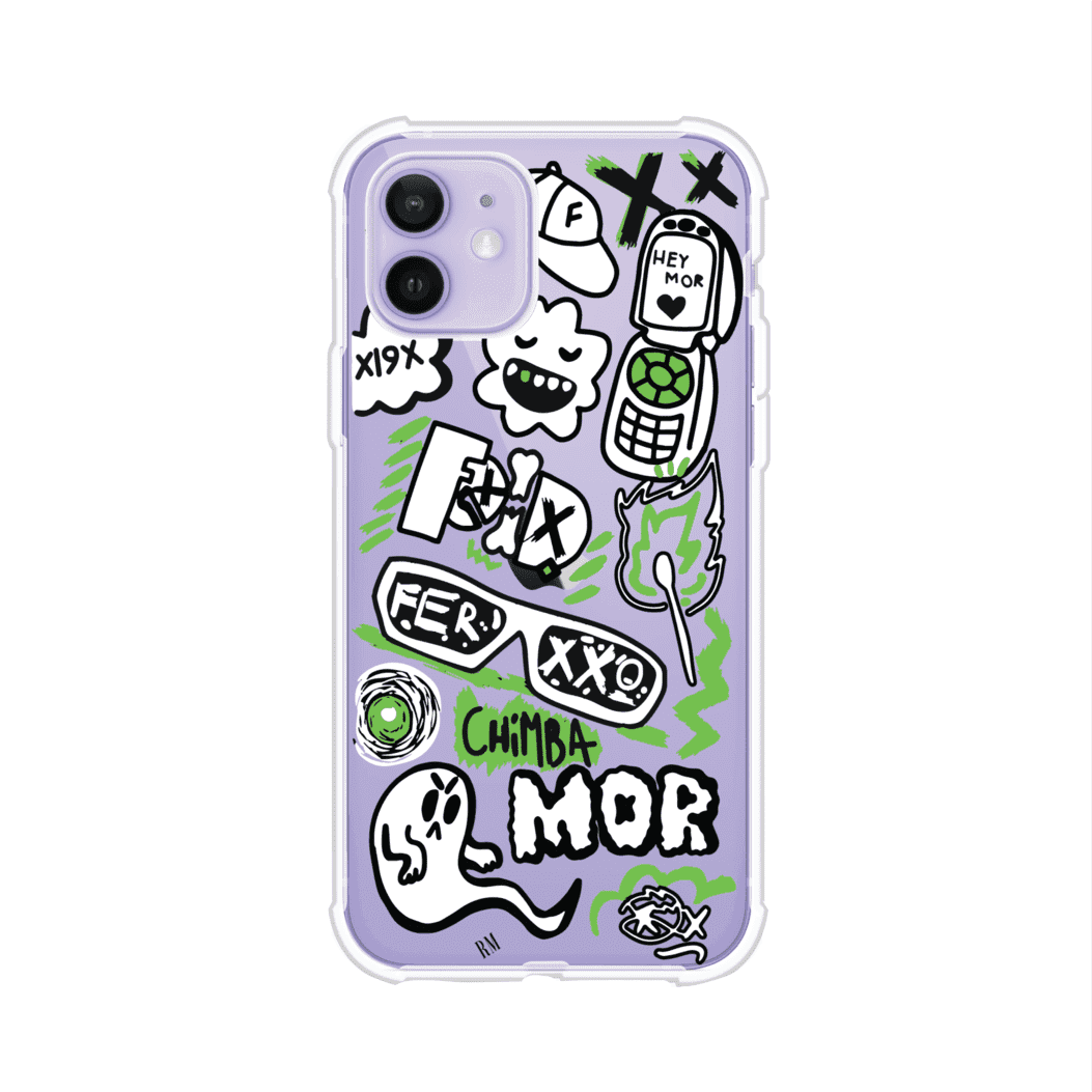 Funda para iPhone con diseño inspirado en FERXXO. Incluye stickers con frases como “CHIMBA MOR”, íconos urbanos y colores verde neón y negro. Estilo reggaetonero y atrevido, ideal para fans de Feid. Producto de Remark Mx