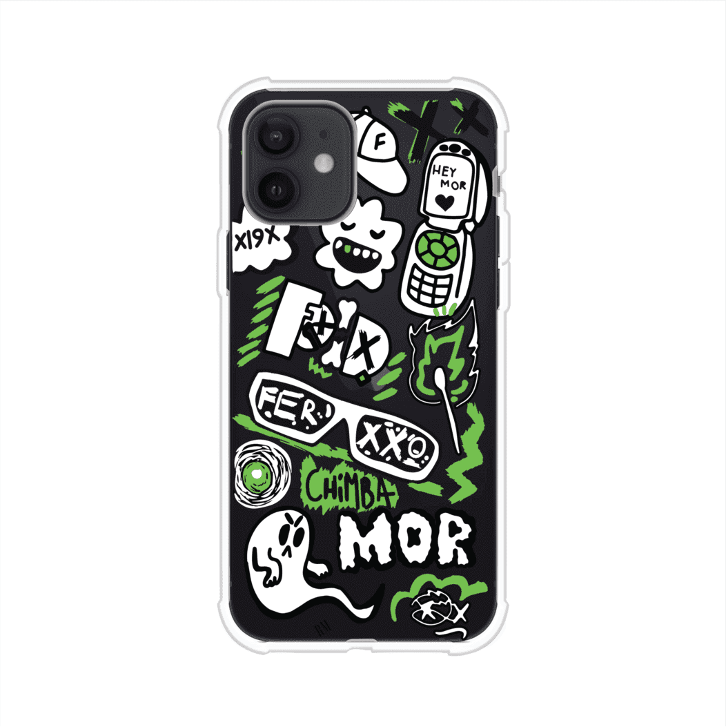 Funda para iPhone con diseño inspirado en FERXXO. Incluye stickers con frases como “CHIMBA MOR”, íconos urbanos y colores verde neón y negro. Estilo reggaetonero y atrevido, ideal para fans de Feid. Producto de Remark Mx