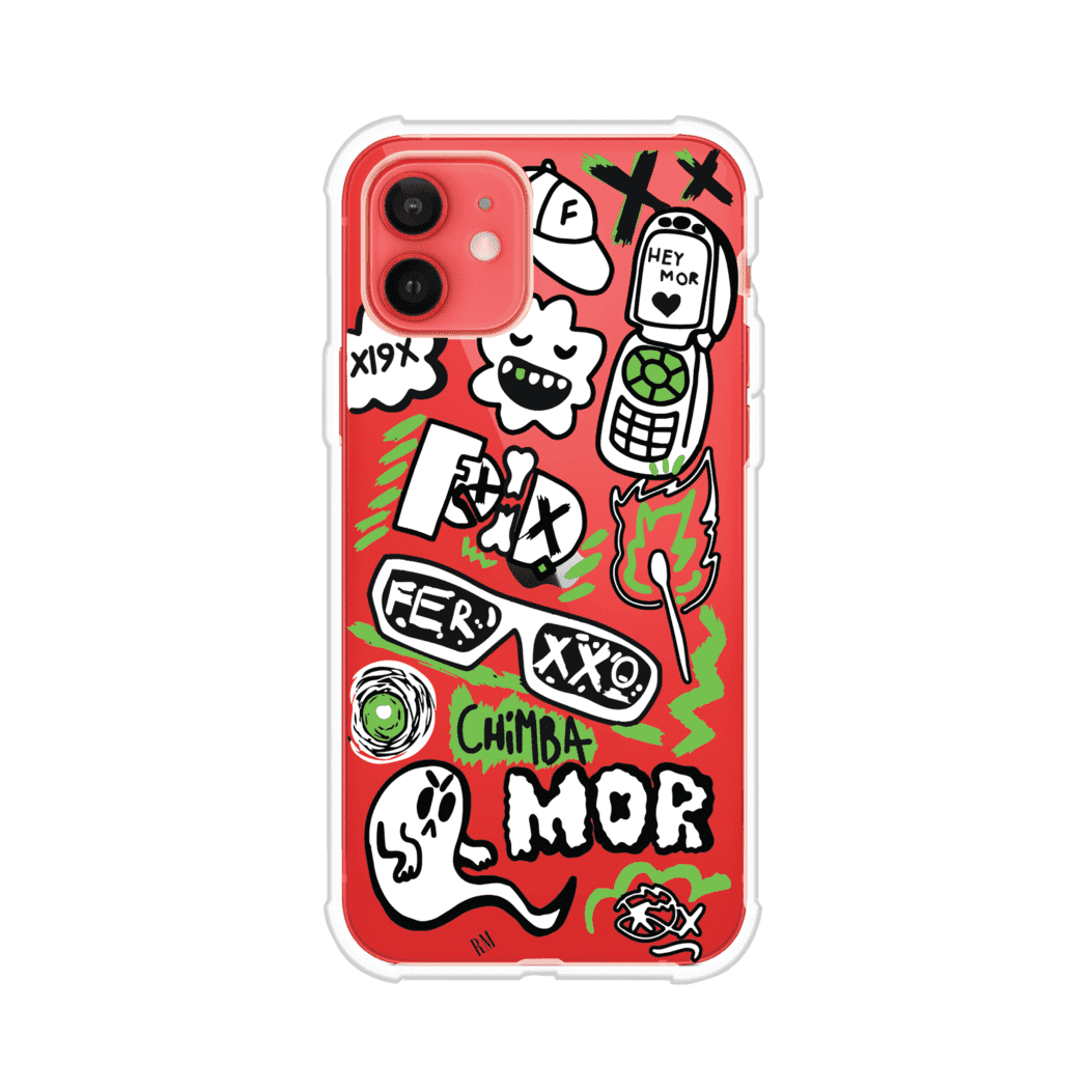 Funda para iPhone con diseño inspirado en FERXXO. Incluye stickers con frases como “CHIMBA MOR”, íconos urbanos y colores verde neón y negro. Estilo reggaetonero y atrevido, ideal para fans de Feid. Producto de Remark Mx