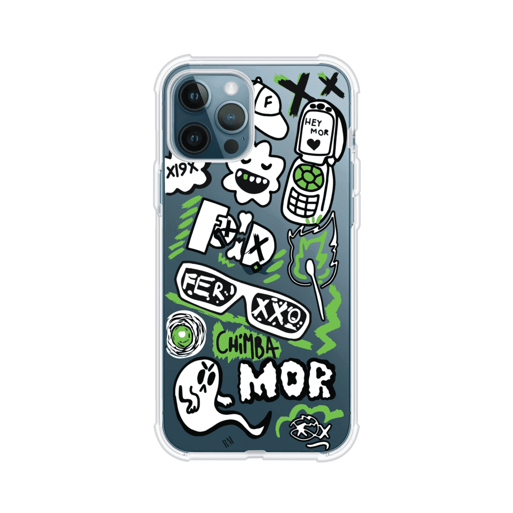 Funda para iPhone con diseño inspirado en FERXXO. Incluye stickers con frases como “CHIMBA MOR”, íconos urbanos y colores verde neón y negro. Estilo reggaetonero y atrevido, ideal para fans de Feid. Producto de Remark Mx