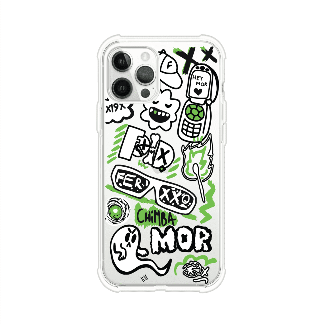 Funda para iPhone con diseño inspirado en FERXXO. Incluye stickers con frases como “CHIMBA MOR”, íconos urbanos y colores verde neón y negro. Estilo reggaetonero y atrevido, ideal para fans de Feid. Producto de Remark Mx