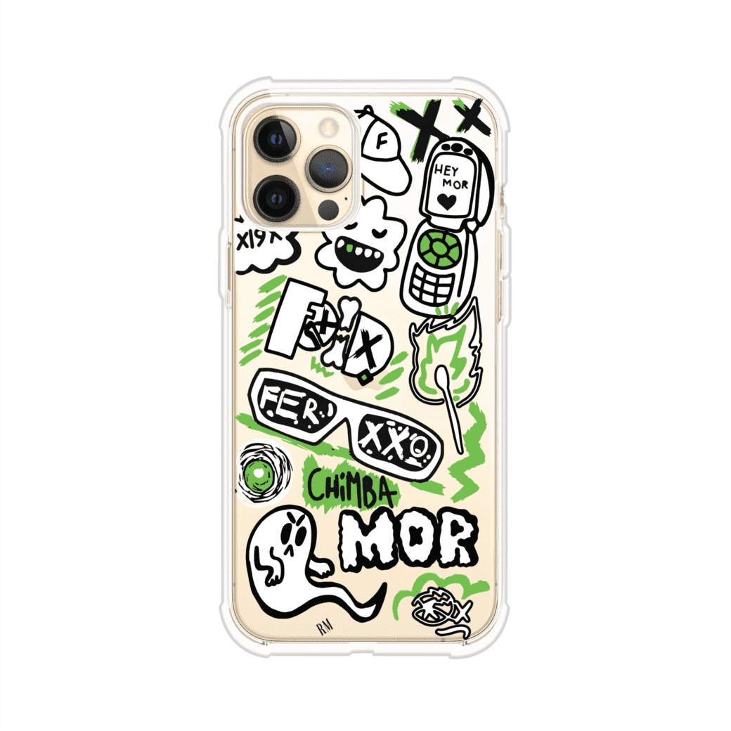 Funda para iPhone con diseño inspirado en FERXXO. Incluye stickers con frases como “CHIMBA MOR”, íconos urbanos y colores verde neón y negro. Estilo reggaetonero y atrevido, ideal para fans de Feid. Producto de Remark Mx