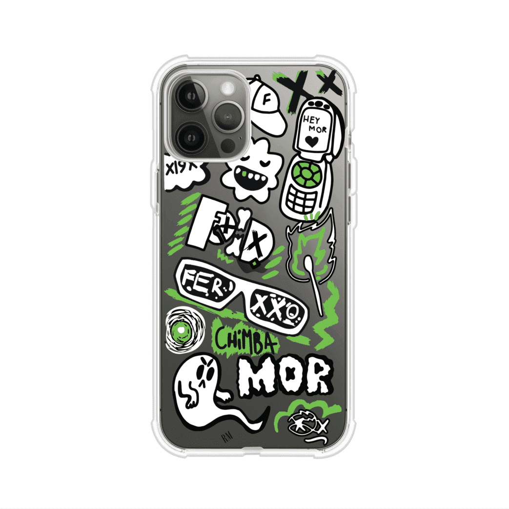 Funda para iPhone con diseño inspirado en FERXXO. Incluye stickers con frases como “CHIMBA MOR”, íconos urbanos y colores verde neón y negro. Estilo reggaetonero y atrevido, ideal para fans de Feid. Producto de Remark Mx
