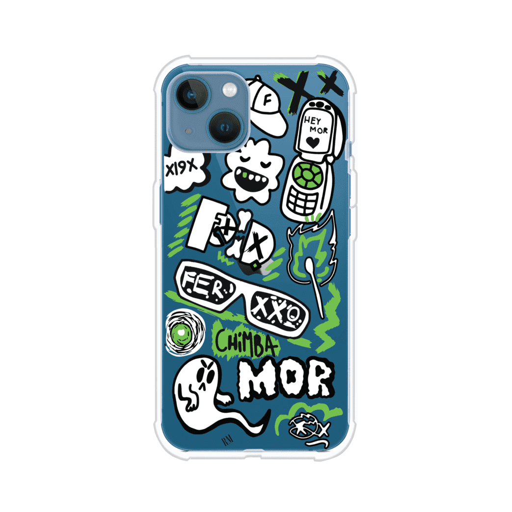 Funda para iPhone con diseño inspirado en FERXXO. Incluye stickers con frases como “CHIMBA MOR”, íconos urbanos y colores verde neón y negro. Estilo reggaetonero y atrevido, ideal para fans de Feid. Producto de Remark Mx