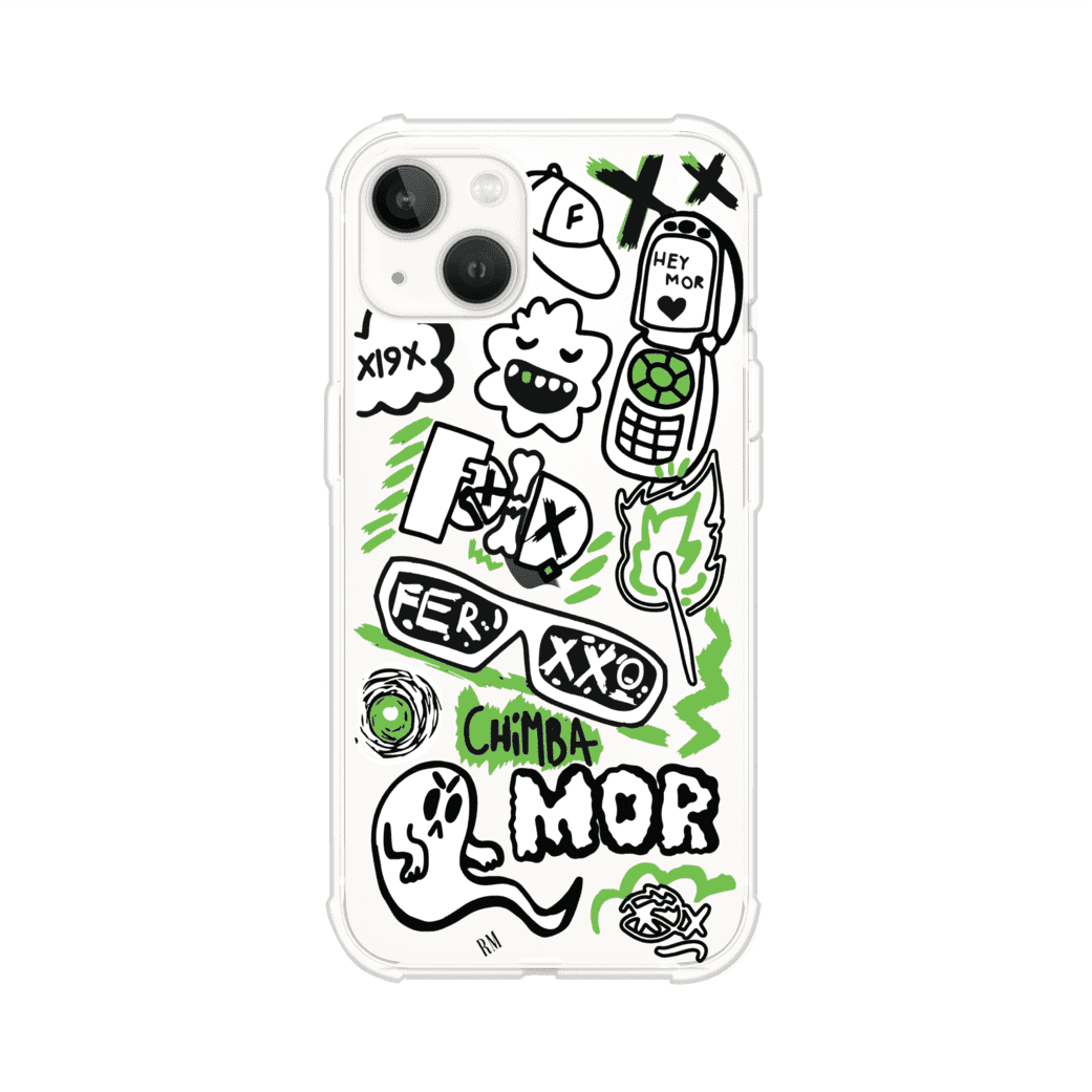 Funda para iPhone con diseño inspirado en FERXXO. Incluye stickers con frases como “CHIMBA MOR”, íconos urbanos y colores verde neón y negro. Estilo reggaetonero y atrevido, ideal para fans de Feid. Producto de Remark Mx
