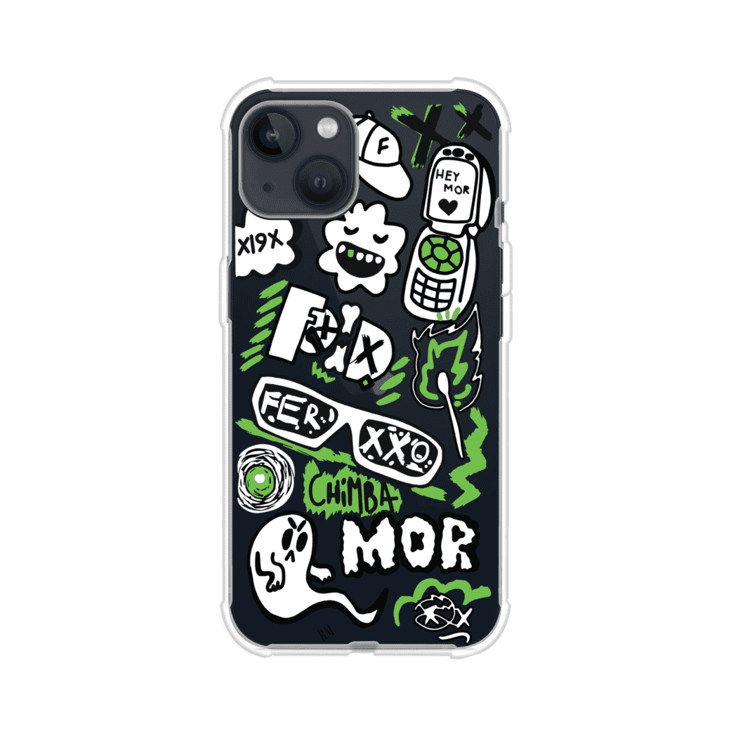 Funda para iPhone con diseño inspirado en FERXXO. Incluye stickers con frases como “CHIMBA MOR”, íconos urbanos y colores verde neón y negro. Estilo reggaetonero y atrevido, ideal para fans de Feid. Producto de Remark Mx