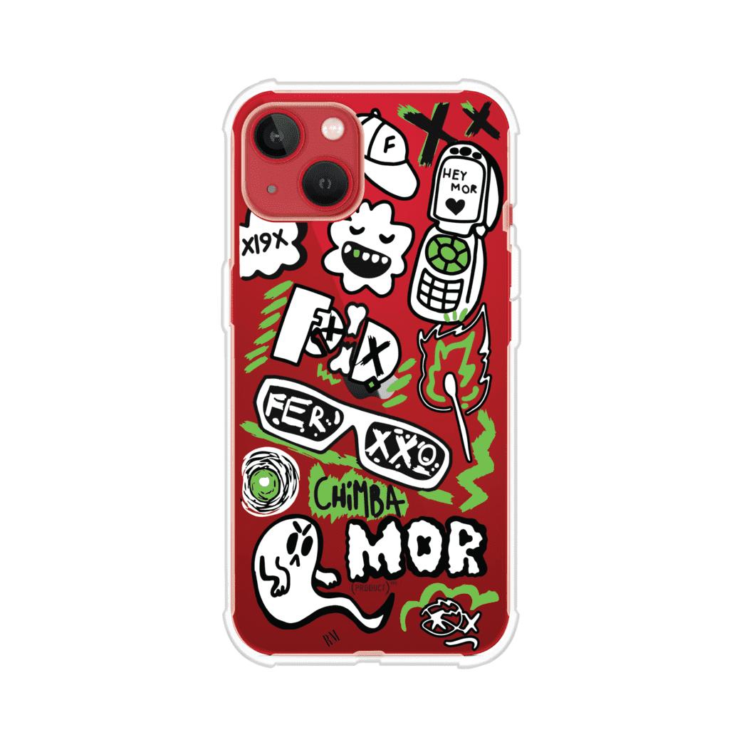 Funda para iPhone con diseño inspirado en FERXXO. Incluye stickers con frases como “CHIMBA MOR”, íconos urbanos y colores verde neón y negro. Estilo reggaetonero y atrevido, ideal para fans de Feid. Producto de Remark Mx