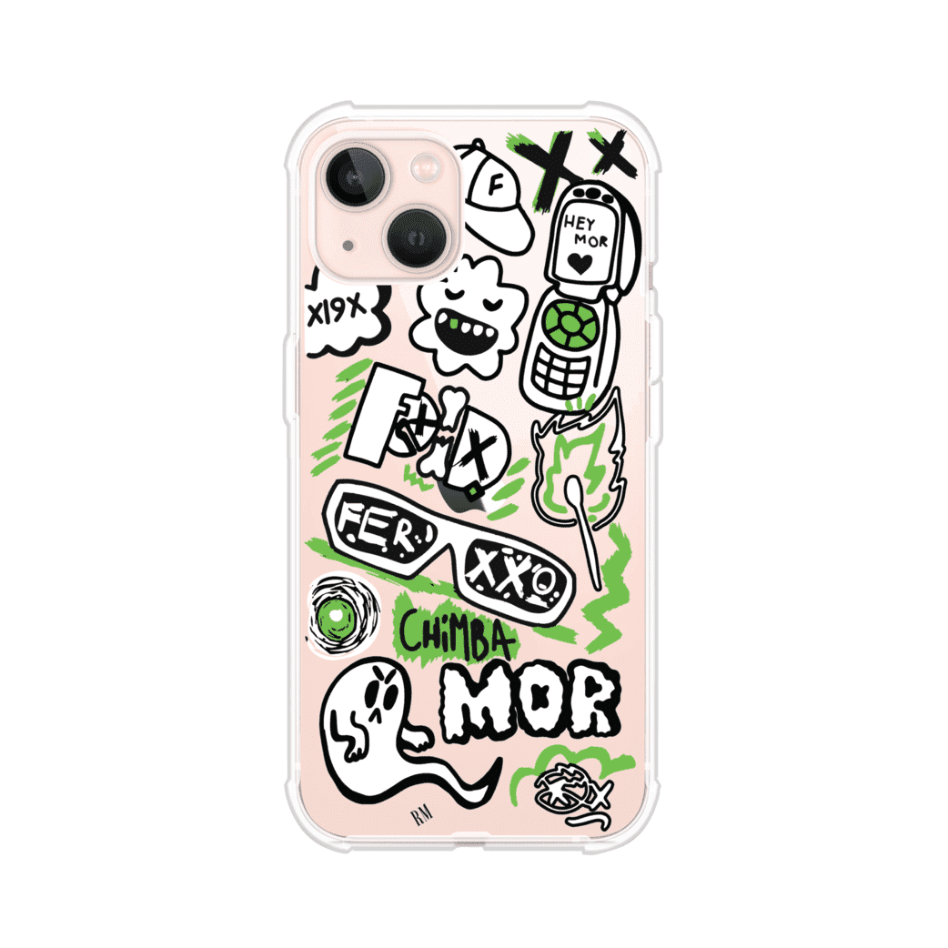 Funda para iPhone con diseño inspirado en FERXXO. Incluye stickers con frases como “CHIMBA MOR”, íconos urbanos y colores verde neón y negro. Estilo reggaetonero y atrevido, ideal para fans de Feid. Producto de Remark Mx