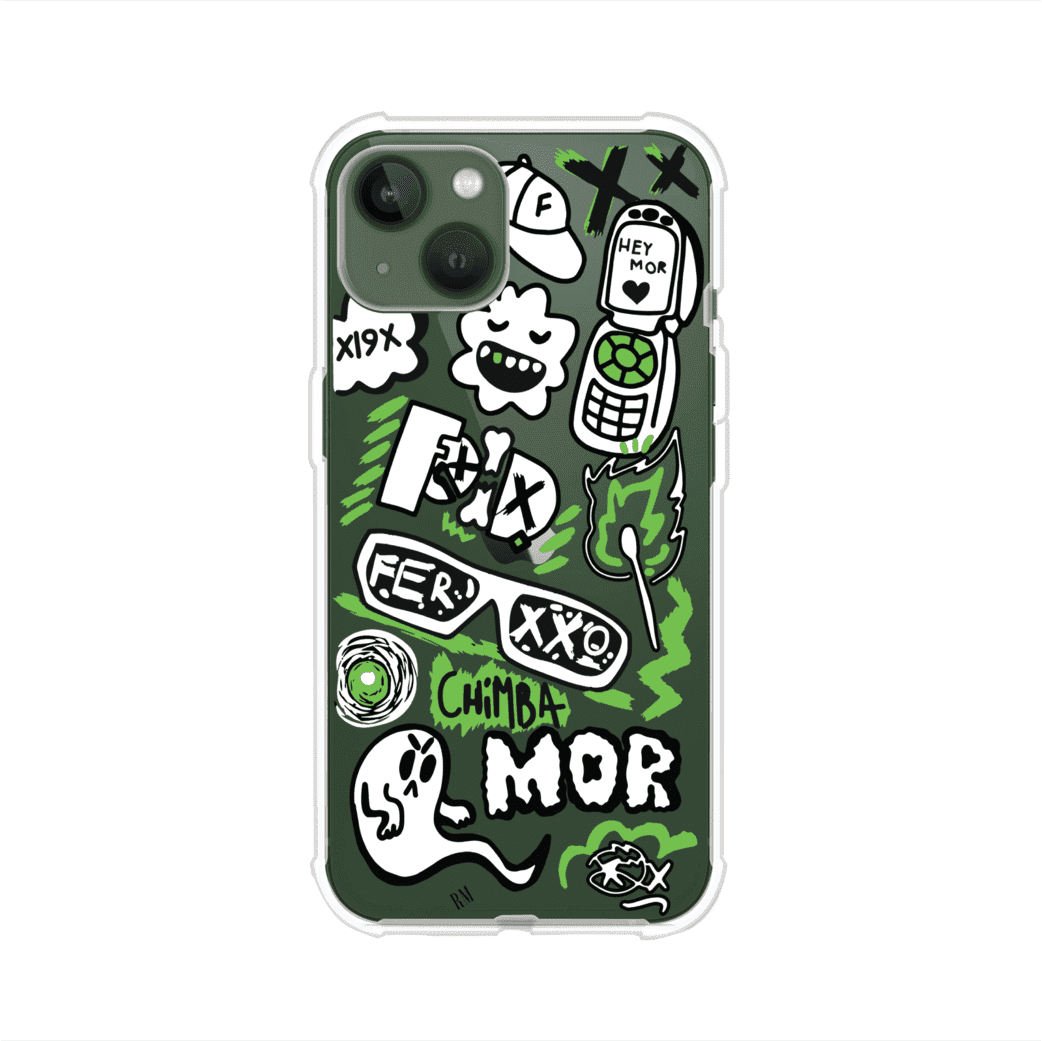 Funda para iPhone con diseño inspirado en FERXXO. Incluye stickers con frases como “CHIMBA MOR”, íconos urbanos y colores verde neón y negro. Estilo reggaetonero y atrevido, ideal para fans de Feid. Producto de Remark Mx