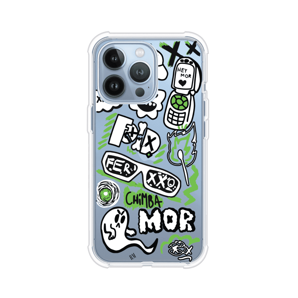 Funda para iPhone con diseño inspirado en FERXXO. Incluye stickers con frases como “CHIMBA MOR”, íconos urbanos y colores verde neón y negro. Estilo reggaetonero y atrevido, ideal para fans de Feid. Producto de Remark Mx